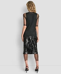 Dkny Women's Sequined Layered Short Sleeves Mesh Top