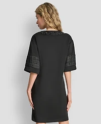 Dkny Women's Mix Media Short Sleeves Shift Dress