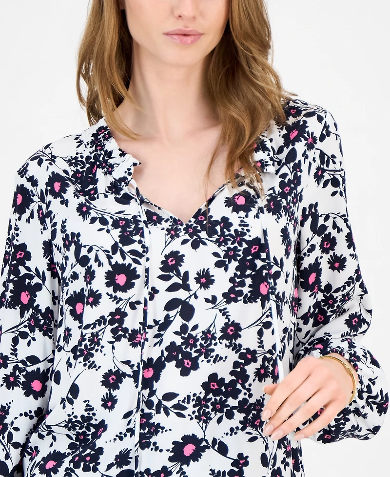 Tommy Hilfiger Women's Floral Tie-Neck Long-Sleeve Top