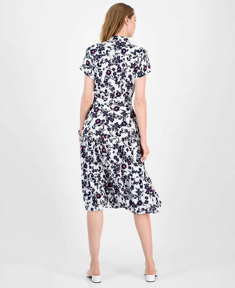 Tommy Hilfiger Women's Floral Belted Tiered Shirtdress