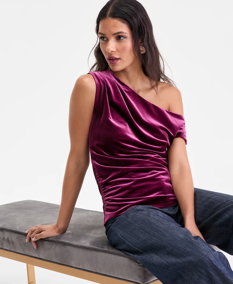 I.n.c. International Concepts Women's Asymmetric Draped Velvet Top, Macy's Exclusive