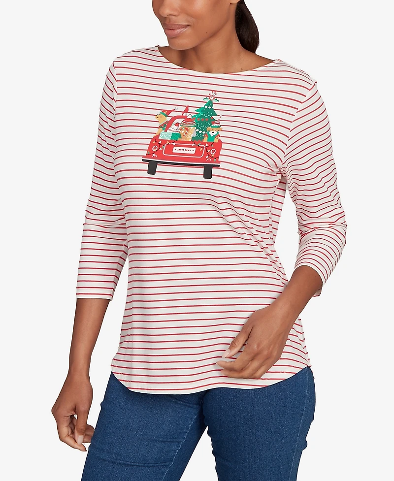 Ruby Rd. Petite Christmas Truck Striped Knit Top