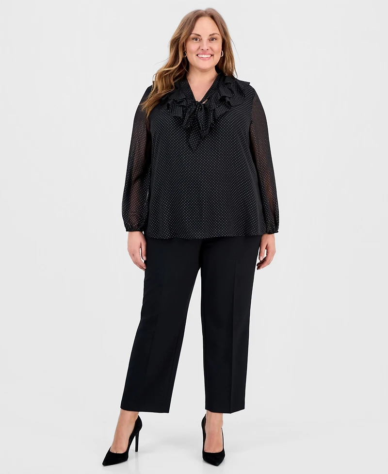 Kasper Plus Gold Foil Dot Print Tie-Neck Blouse