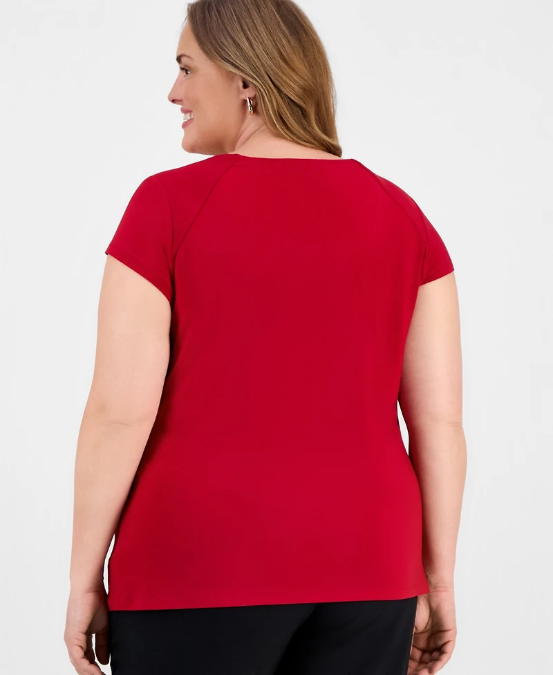Kasper Plus Cowlneck Cap-Sleeve Top