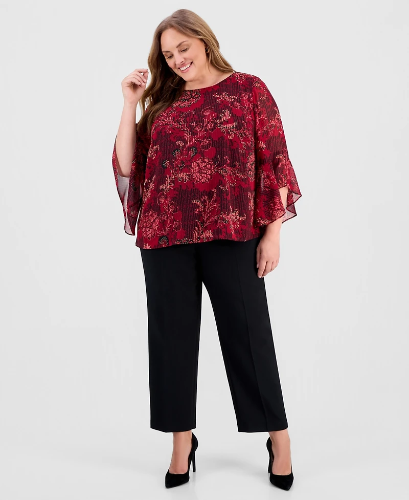 Kasper Women's Plus Floral Ruffle Sleeve Top