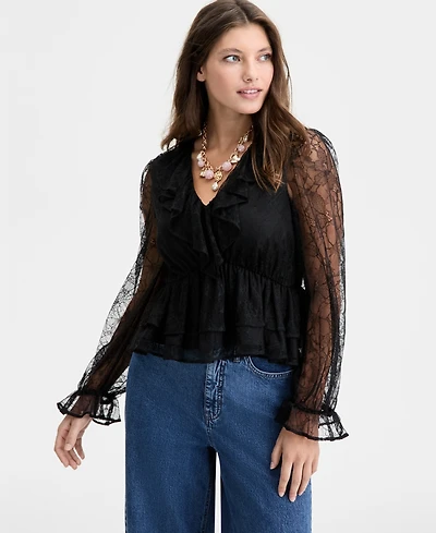 On 34th Women's V-Neck Ruffle Lace Top, Macy's Exclusive