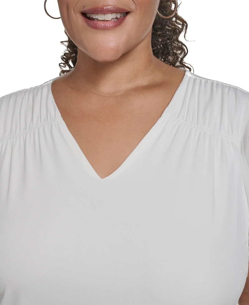 Calvin Klein Plus Mixed Media Flutter-Sleeve Blouse