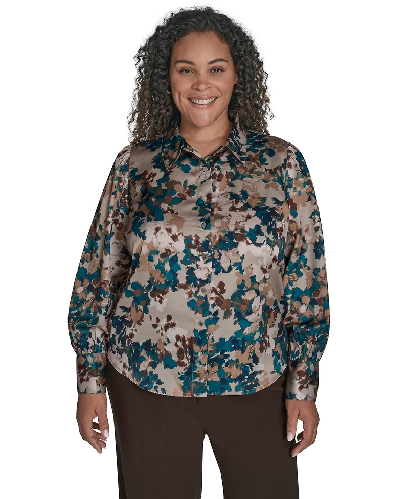 Calvin Klein Plus Printed Charmeuse Long-Sleeve Blouse