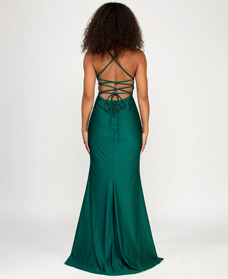 Katia Rae Juniors' Sleeveless Lace-Up-Back Gown