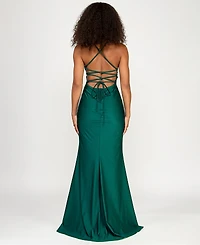 Katia Rae Juniors' Sleeveless Lace-Up-Back Gown