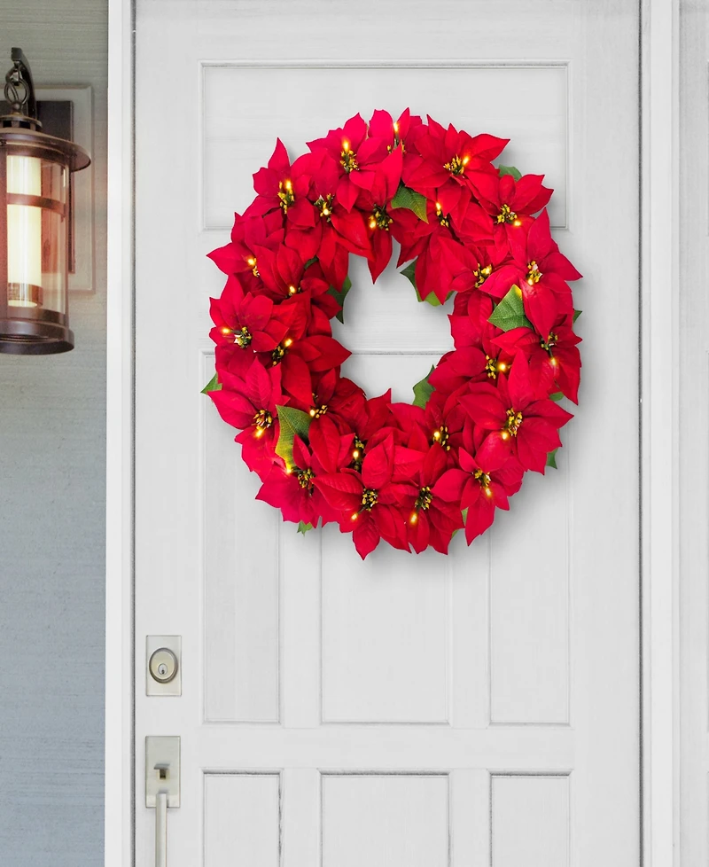 Puleo 24" Pre-Lit Artificial Red Poinsettia Wreath