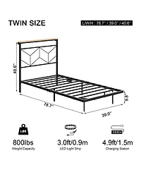 Hausource Twin Size Floating Bed Frame with Led Headboard & Charging Station No Box Spring Needed