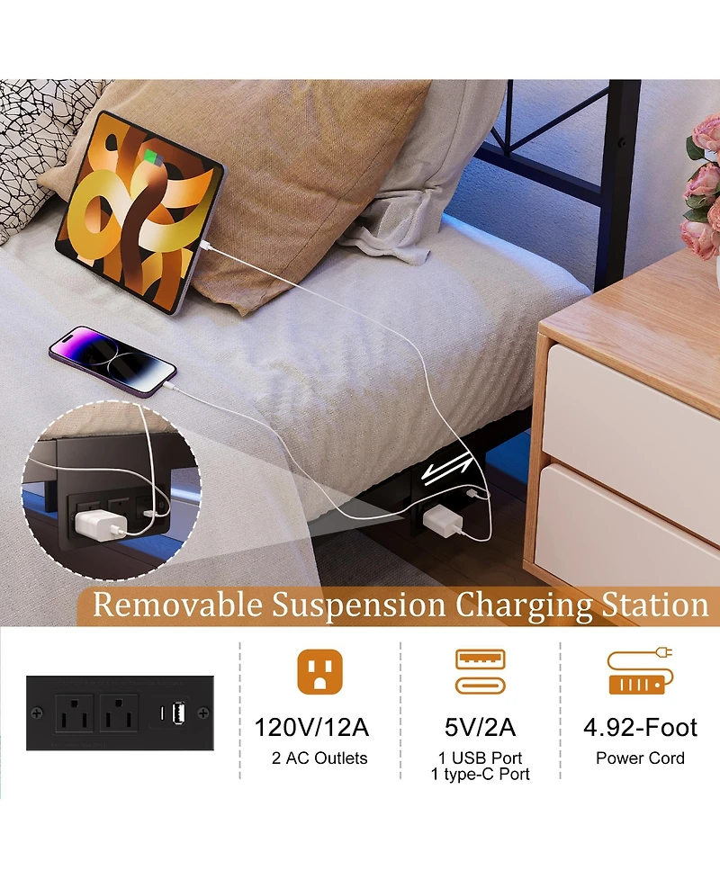 Hausource Full Size Floating Bed Frame with Led Headboard & Charging Station No Box Spring Needed