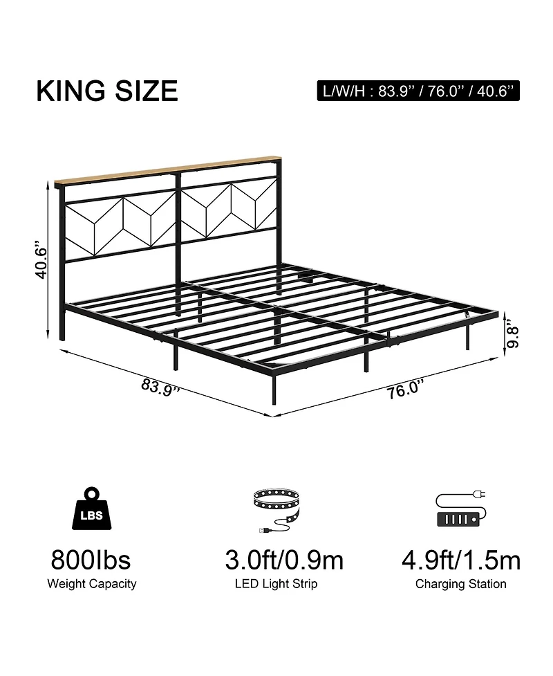 Hausource King Size Floating Bed Frame with Led Headboard & Charging Station No Box Spring Needed
