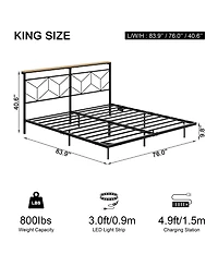 Hausource King Size Floating Bed Frame with Led Headboard & Charging Station No Box Spring Needed