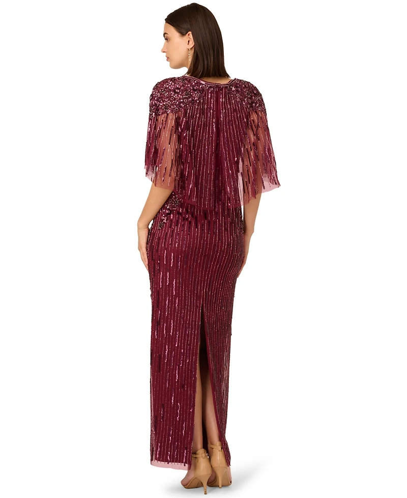 Adrianna Papell Women's Cape Sleeve Beaded Maxi Dress