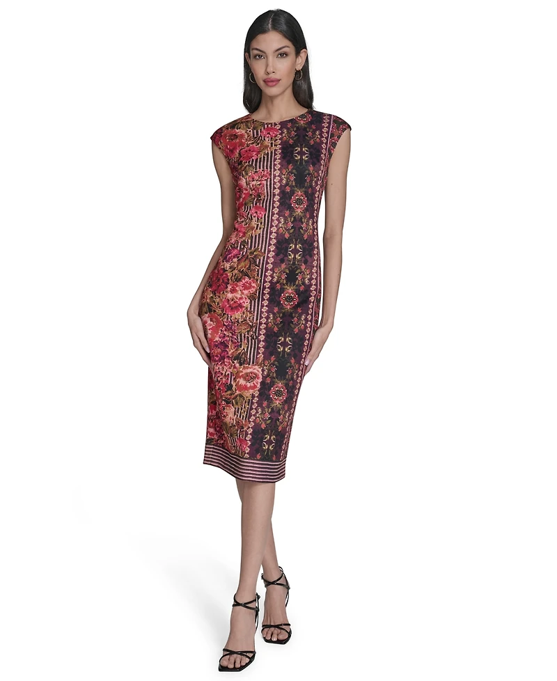 Vince Camuto Petite Placement Shift Print Round Neck Midi Bodycon Dress