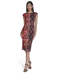 Vince Camuto Petite Placement Shift Print Round Neck Midi Bodycon Dress
