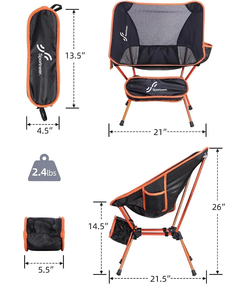 Sportneer Camping Chairs, Lightweight Outdoor Chairs with 2 Side Pockets & Storage Bag (2, Orange)