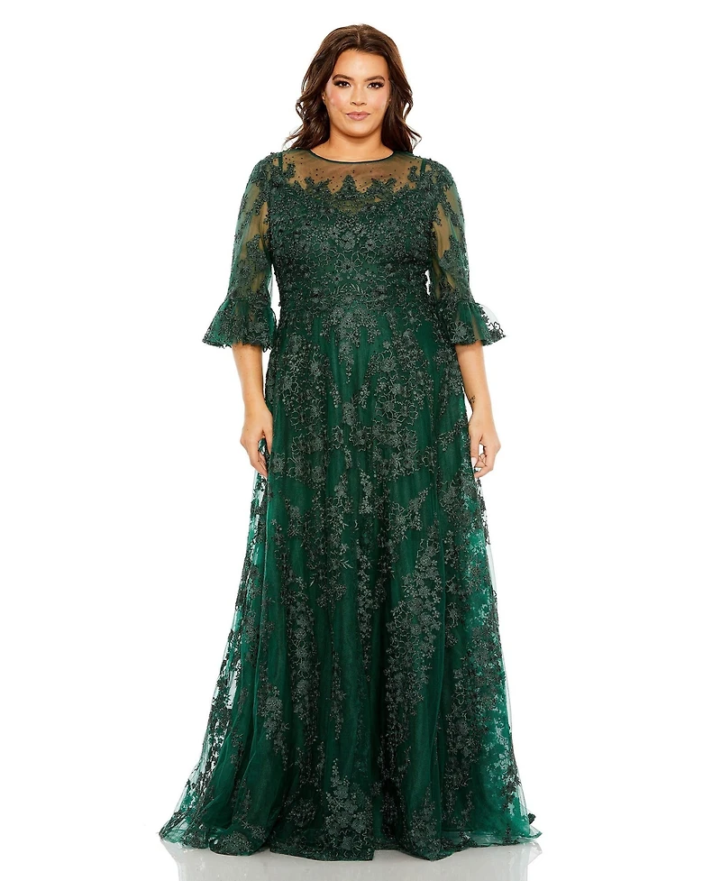 Mac Duggal Women's Plus High Neck Flutter Sleeve Embroidered A Line Gown