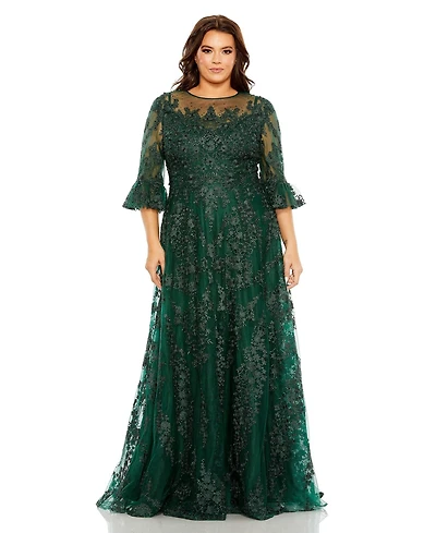 Mac Duggal Women's Plus High Neck Flutter Sleeve Embroidered A Line Gown