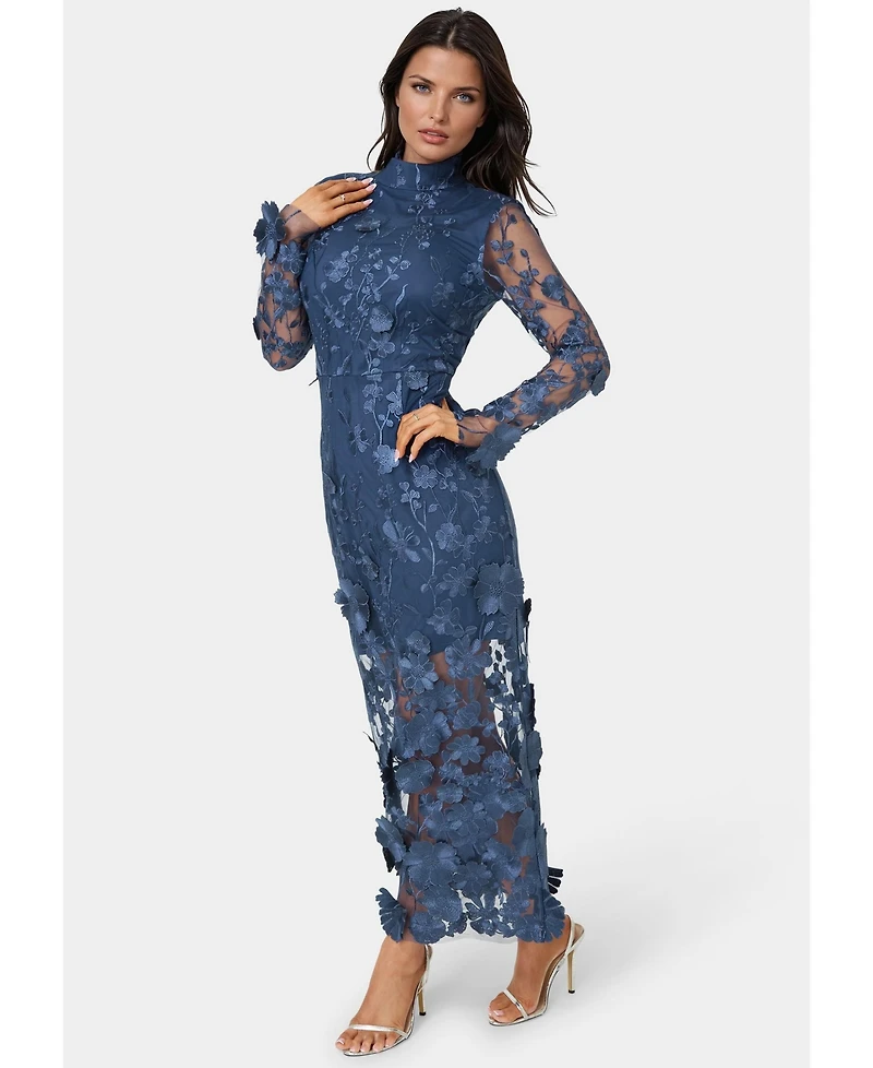 Bebe Women's 3D Floral Mock Neck Midi Dress