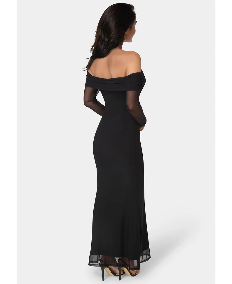 Bebe Women's Long Sleeve Off the Shoulder Mesh Maxi Dress