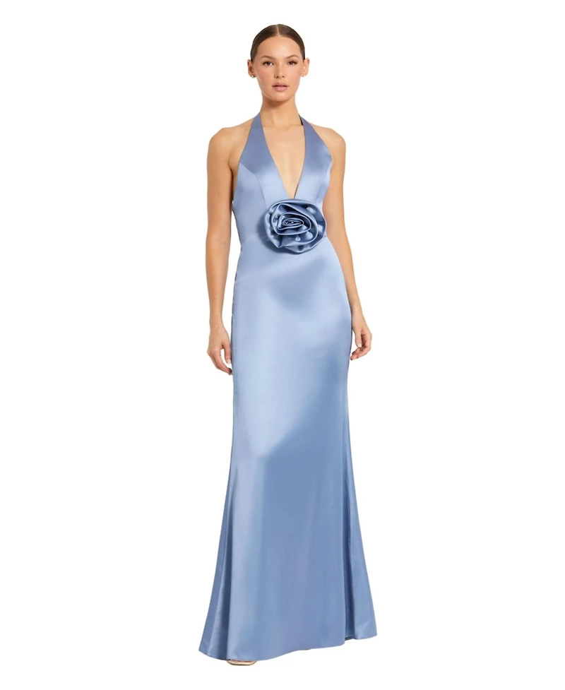 Mac Duggal Women's Fitted Satin Sleeveless V Neck Gown With 3D Flower