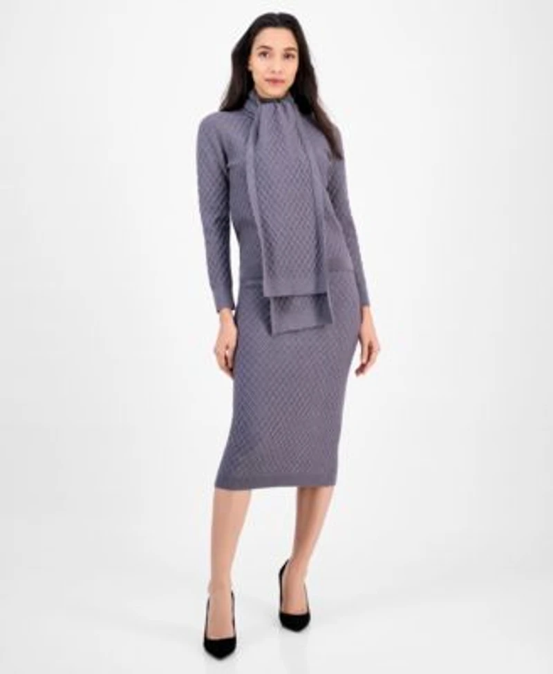 Anne Klein Womens Cable Knit Long Sleeve Scarf Sweater Pull On Cable Stitch Midi Skirt