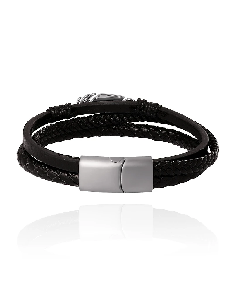 Lucky Brand Mens Triple Row Black Leather Bracelet with Silver Accents