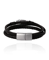 Lucky Brand Mens Triple Row Black Leather Bracelet with Silver Accents
