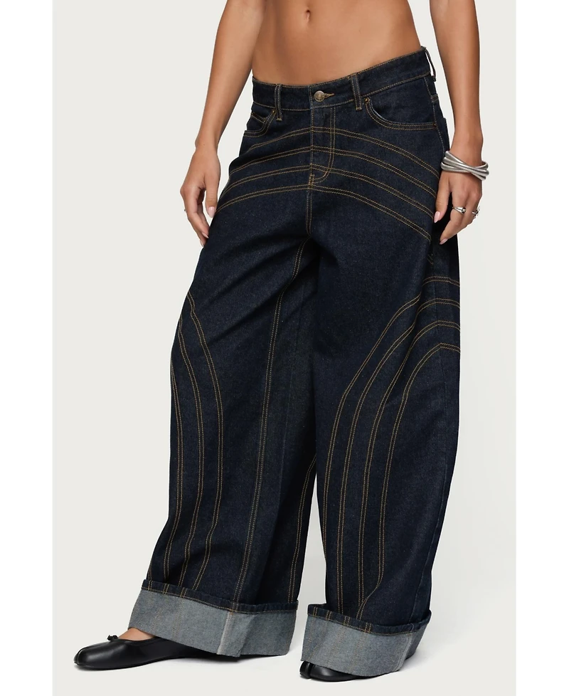 Edikted Women's Cuffed Low Rise Wide Leg Jeans