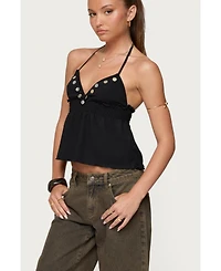 Edikted Womens Textured Iridescent Babydoll Halter Top