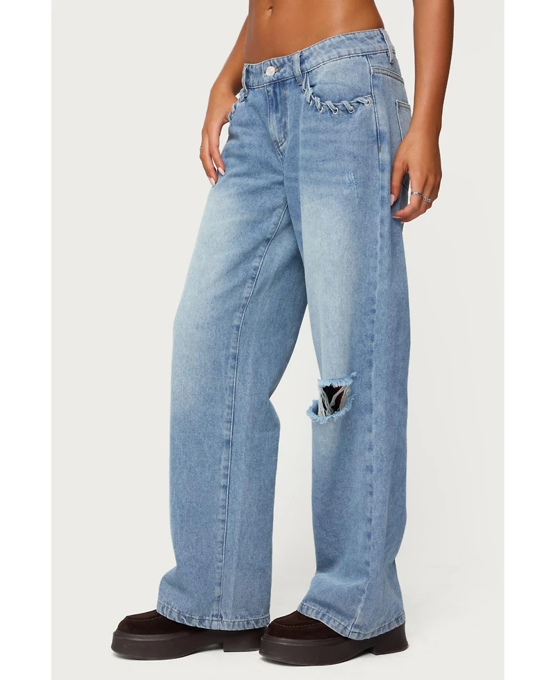 Edikted Womens Dutton Distressed Low Rise Jeans