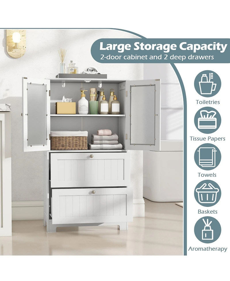 Gymax Bathroom Floor Storage Cabinet Freestanding Cupboard Pantry w/ 2 Drawers
