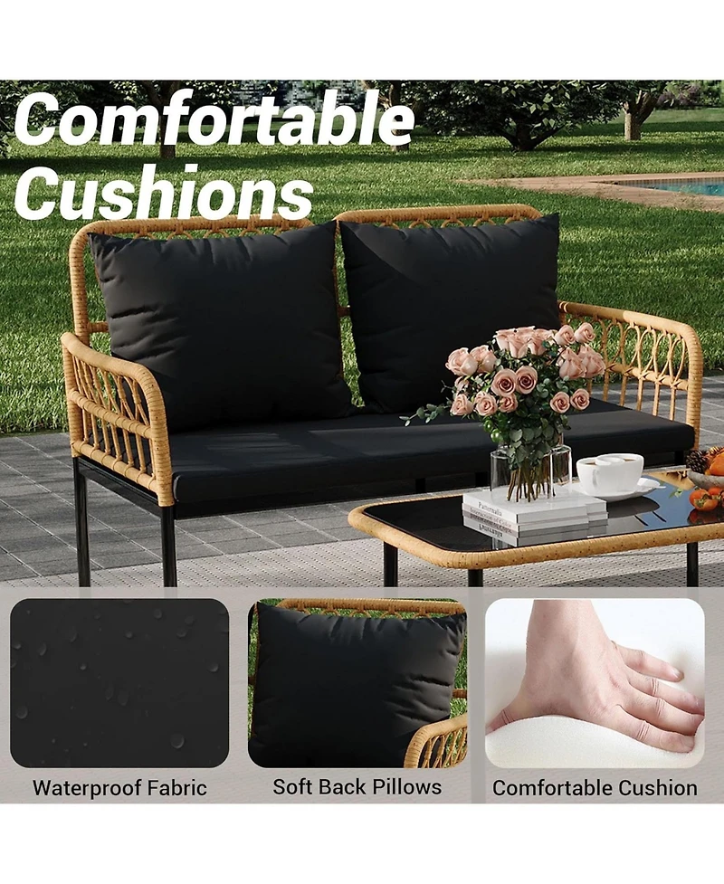 4 Pieces Patio Furniture Sets Wicker Outdoor Patio Table and Chairs Set with Glass Side Table, Loveseat Chairs, Boho Rattan Conversation Sets for Bist