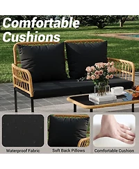 4 Pieces Patio Furniture Sets Wicker Outdoor Patio Table and Chairs Set with Glass Side Table, Loveseat Chairs, Boho Rattan Conversation Sets for Bist