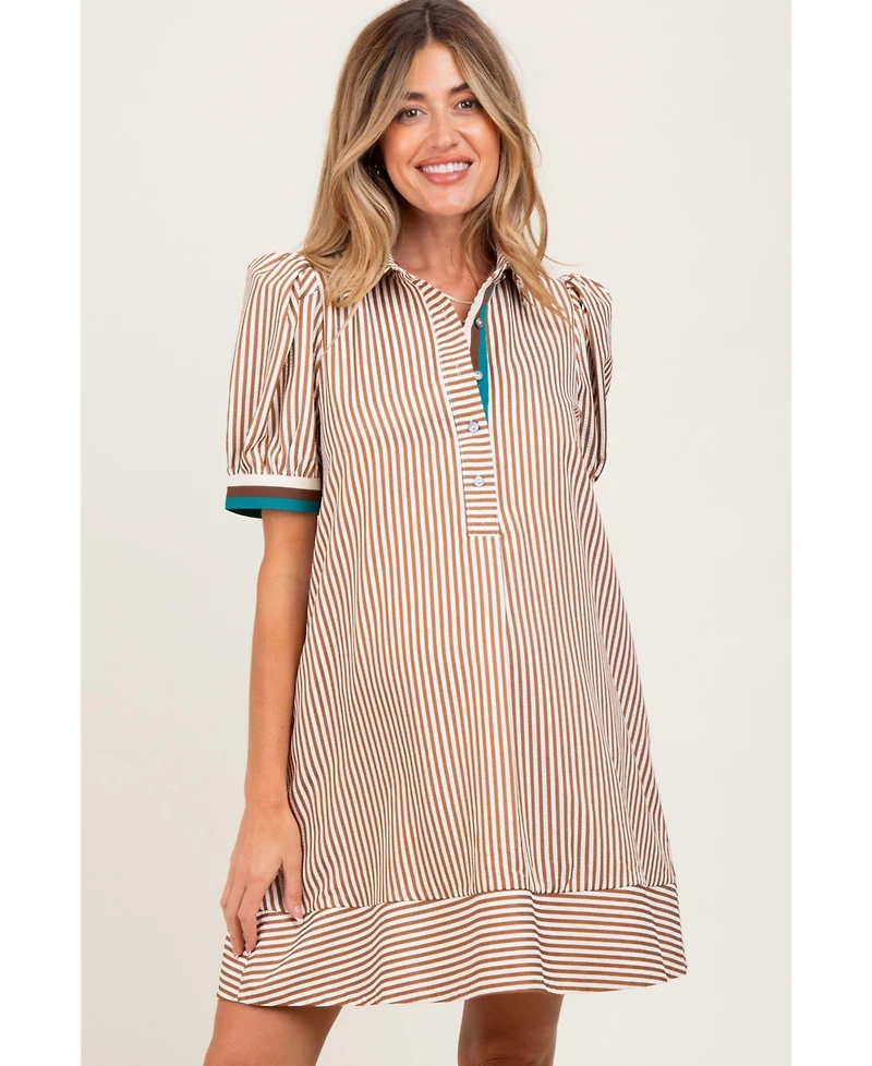 Pinkblush Camel Striped Puff Sleeve Maternity Mini Shirt Dress