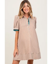 Pinkblush Camel Striped Puff Sleeve Maternity Mini Shirt Dress