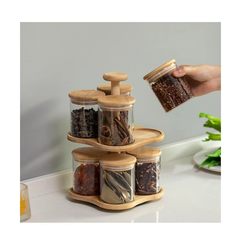 Basicwise Minimalist Two-Tier Bamboo Lazy Susan Turntable with 8 Pcs 12 oz Airtight Lid Glass Jars, Versatile Spice Rack Organizer, Perfect for Kitche