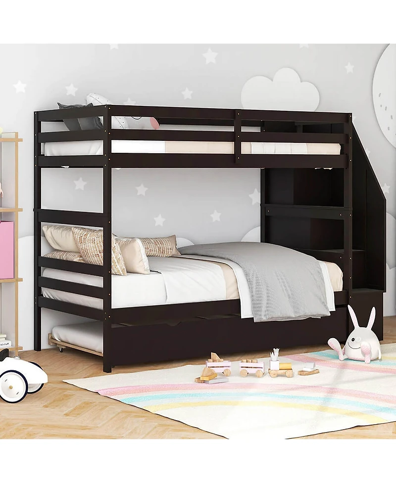 Gymax Twin over Wooden Bunk Bed w/ Trundle Storage Stairs Convertible