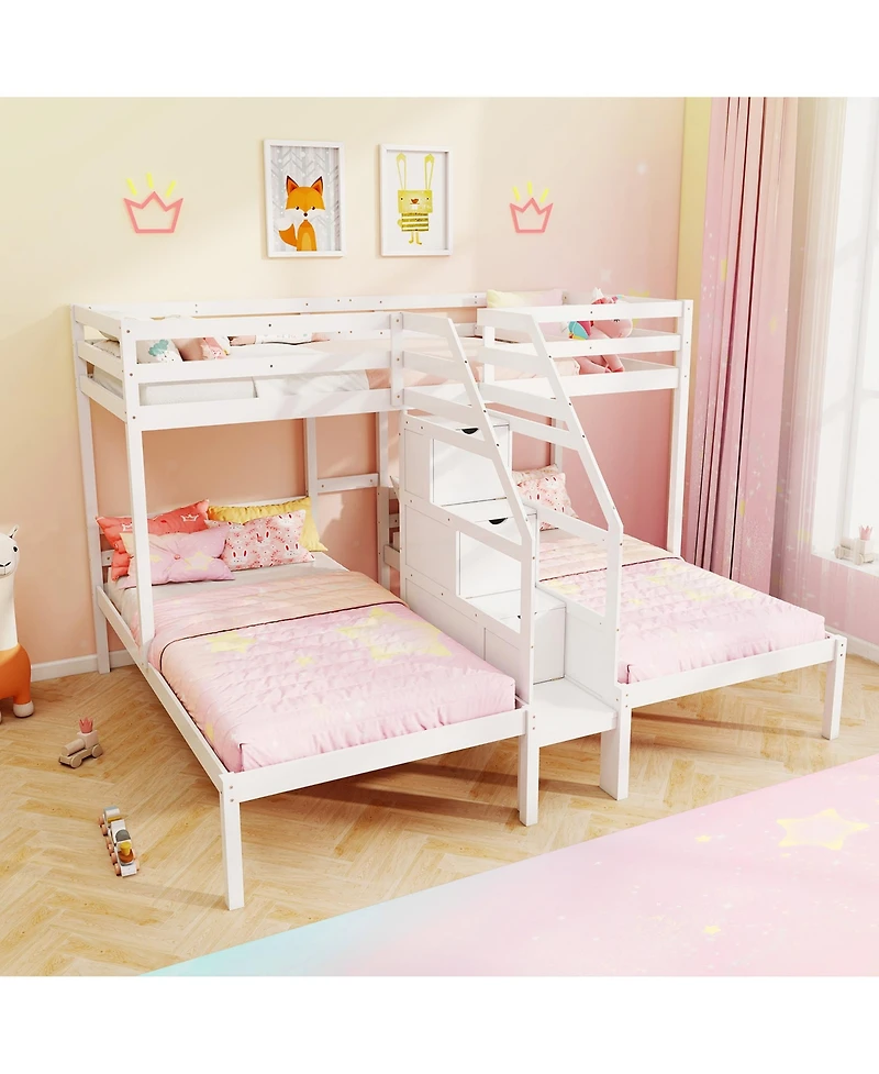 Gymax Wooden Twin Over Twin & Twin Bunk Bed w/ 4-Step Storage Staircase Guardrail