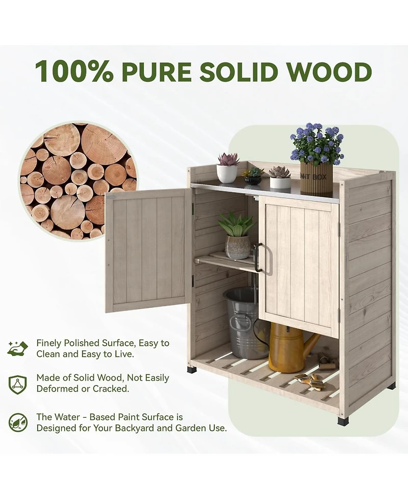 Aecojoy Potting Bench, Outdoor Wooden Storage Cabinet with Adjustable Shelf, Metal Tabletop