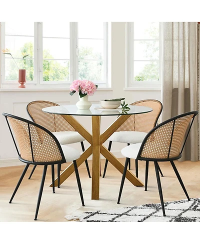 Elegant Minimalist Round Glass Dining Table with 39in Diameter and 4 Rattan Chairs, Modern Space-Saving Kitchen Set-Maison Boucle