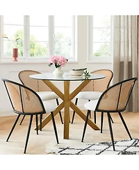Elegant Minimalist Round Glass Dining Table with 39in Diameter and 4 Rattan Chairs, Modern Space-Saving Kitchen Set-Maison Boucle