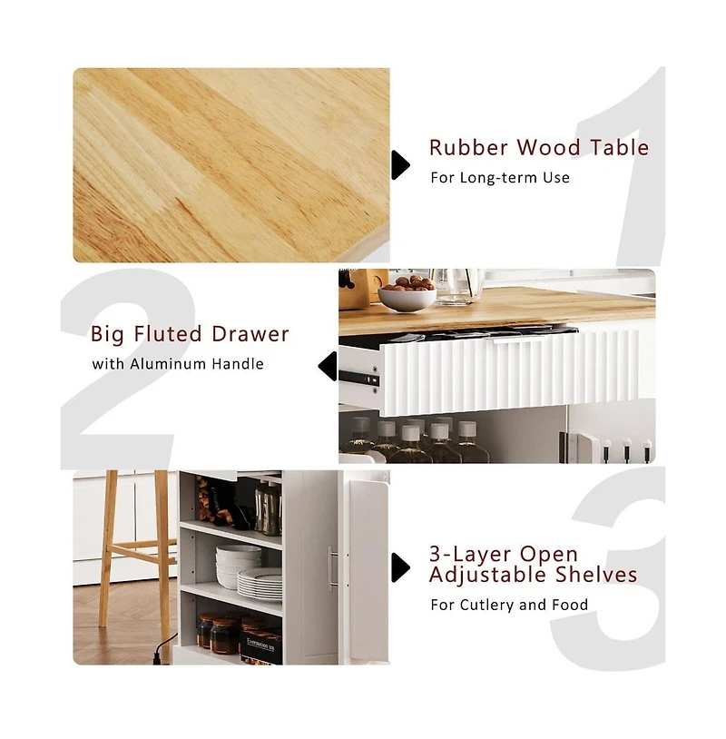 Rolling Kitchen Island with Trash Bin Cabinet, Power Outlet, 3 Drawers, Side Spice Racks, Solid Wood Top, Lockable Wheels-Maison Boucle