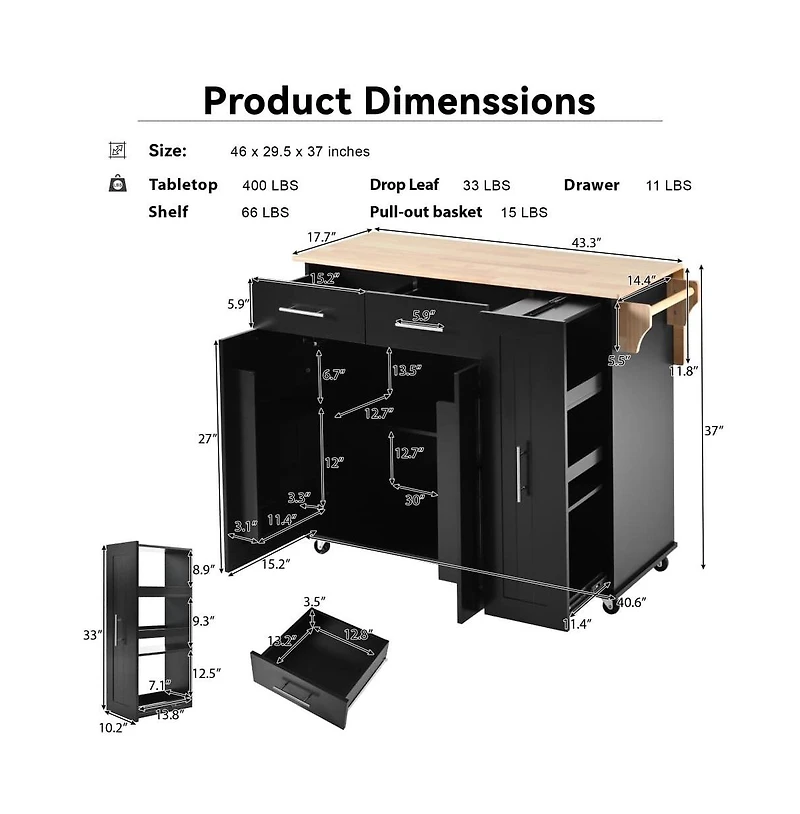 46" Kitchen Island with Drop Leaf, 3-Tier Pull-Out Organizer & Hidden Door Racks, Rolling Cart Rubberwood Top-Maison Boucle