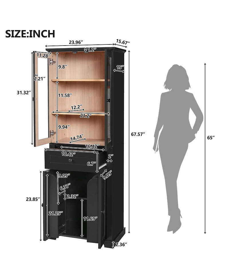 Casainc 67.2" Tall Bathroom Storage Cabinet with Tempered Glass Doors, Adjustable Shelves, Drawer and Soft-Close Designn
