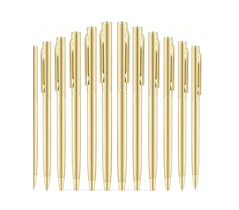 Htutwoo Gold Slim Ballpoint Pens Black Ink Medium Point(1 Mm), Nice Gift For Wedding Business Office Students Teachers Christmas 12pcs