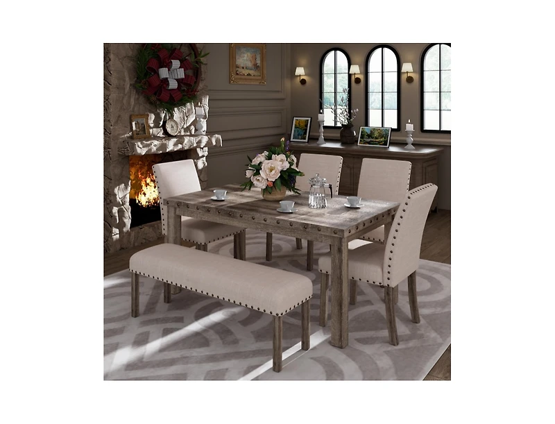 Dining Table Set for 6, 6 Piece Farmhouse Dining Set, Country Style Kitchen Table, 4 Upholstered Chairs & Bench